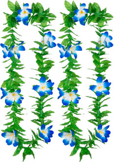 Boland Hawaii krans/slinger - 2x - Tropische kleuren mix groen/blauw - Bloemen hals slingers - Verkleedkransen