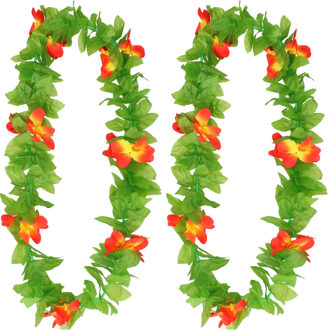 Boland Hawaii krans/slinger - 2x - Tropische kleuren mix groen/geel/rood - Bloemen hals slingers - Verkleedkransen