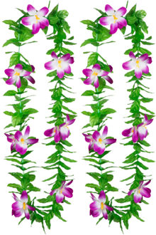 Boland Hawaii krans/slinger - 2x - Tropische kleuren mix groen/paars - Bloemen hals slingers - Verkleedkransen