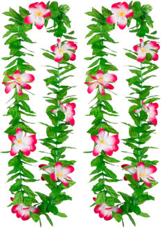 Boland Hawaii krans/slinger - 2x - Tropische kleuren mix groen/roze - Bloemen hals slingers - Verkleedkransen