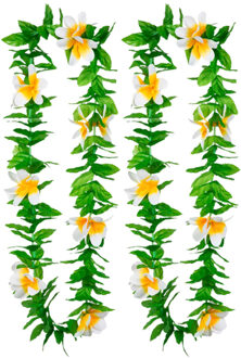 Boland Hawaii krans/slinger - 2x - Tropische kleuren mix groen/wit - Bloemen hals slingers - Verkleedkransen