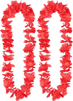 Boland Hawaii krans/slinger - 2x - Tropische kleuren rood - Bloemen hals slingers - Verkleedkransen