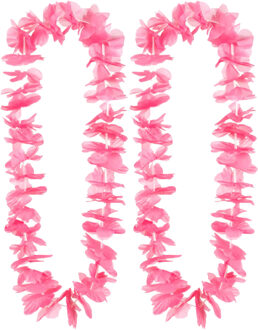 Boland Hawaii krans/slinger - 2x - Tropische kleuren roze - Bloemen hals slingers - Verkleedkransen