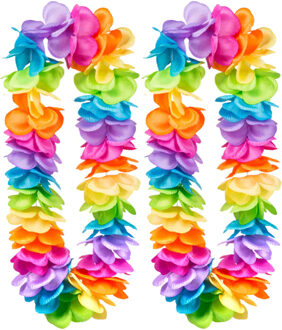 Boland Hawaii krans/slinger - 2x - Tropische/zomerse kleur mix - Grote bloemen blaadjes hals slinger - Verkleedkransen Multikleur