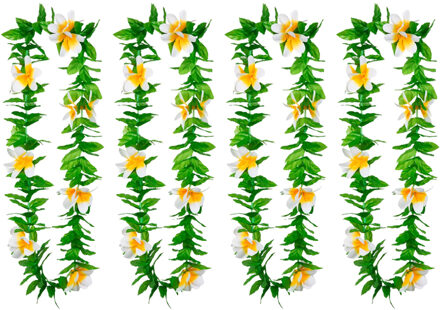 Boland Hawaii krans/slinger - 4x - Tropische kleuren mix groen/wit - Bloemen hals slingers