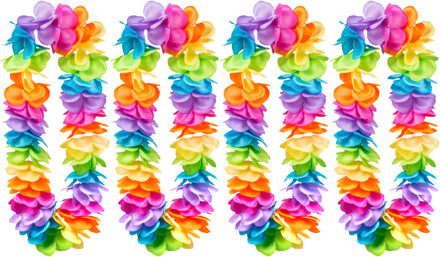 Boland Hawaii krans/slinger - 4x - Tropische/zomerse kleuren mix - Grote bloemen blaadjes hals slingers