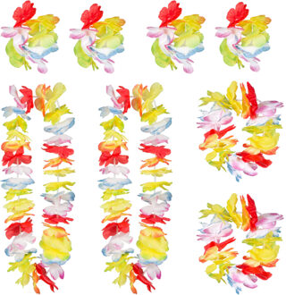 Boland Hawaii krans/slinger set - 2x - Tropische/zomerse kleuren mix - Hoofd/polsen/hals slingers