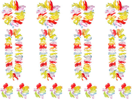 Boland Hawaii krans/slinger set - 4x - Tropische/zomerse kleuren mix - Hoofd/polsen/hals slingers