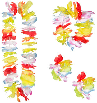 Boland Hawaii krans/slinger set - Tropische/zomerse kleuren mix - Hoofd/polsen/hals slingers