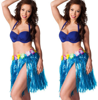Boland Hawaii verkleed rokje - 4x - voor volwassenen - blauw - 45 cm - rieten hoela rokje - tropisch One size