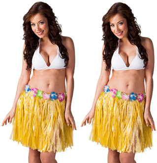 Boland Hawaii verkleed rokje - 4x - voor volwassenen - geel - 45 cm - rieten hoela rokje - tropisch One size