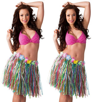 Boland Hawaii verkleed rokje - 4x - voor volwassenen - mix kleuren - 45 cm - rieten hoela rokje - tropisch - One size