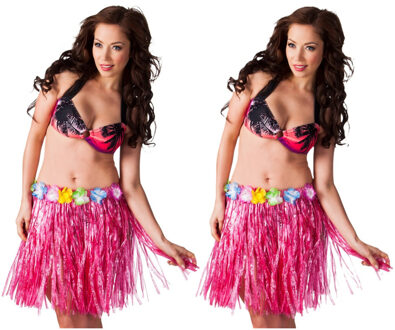 Boland Hawaii verkleed rokje - 4x - voor volwassenen - roze - 45 cm - rieten hoela rokje - tropisch - One size