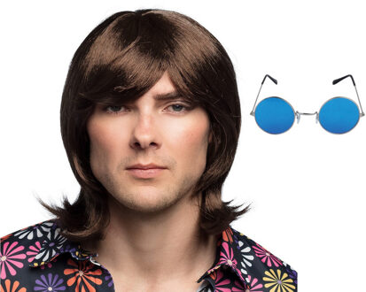 Boland Hippie Sixties Flower Power verkleed set - Pruik lang haar bruin - bril ronde glazen blauw - heren
