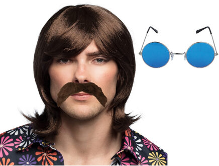 Boland Hippie Sixties Flower Power verkleed set - Pruik/snor bruin - bril ronde glazen blauw - heren