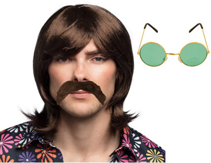 Boland Hippie Sixties Flower Power verkleed set - Pruik/snor bruin - bril ronde glazen groen - heren