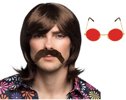 Boland Hippie Sixties Flower Power verkleed set - Pruik/snor bruin - bril ronde glazen rood - heren