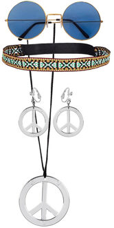 Boland Hippie Sixties verkleed set dames - bril met ronde glazen blauw - peace thema ketting met oorbellen