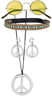 Boland Hippie Sixties verkleed set dames - bril met ronde glazen geel - peace thema ketting met oorbellen