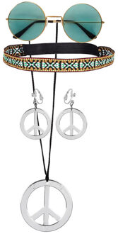 Boland Hippie Sixties verkleed set dames - bril met ronde glazen groen - peace thema ketting met oorbellen