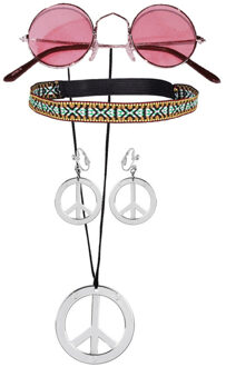 Boland Hippie Sixties verkleed set dames - bril met ronde glazen roze - peace thema ketting met oorbellen