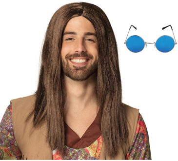 Boland Hippie Sixties verkleed set - Pruik lang haar bruin - bril ronde glazen blauw - heren