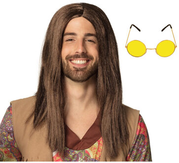 Boland Hippie Sixties verkleed set - Pruik lang haar bruin - bril ronde glazen geel - heren