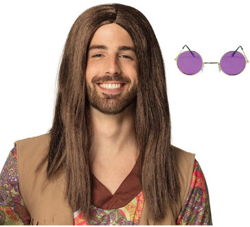 Boland Hippie Sixties verkleed set - Pruik lang haar bruin - bril ronde glazen paars - heren