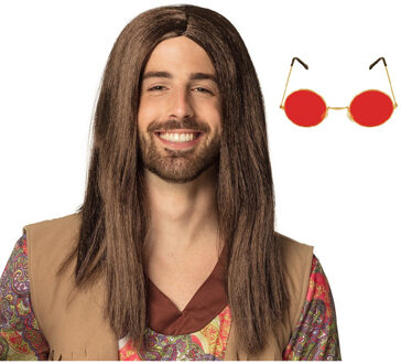 Boland Hippie Sixties verkleed set - Pruik lang haar bruin - bril ronde glazen rood - heren