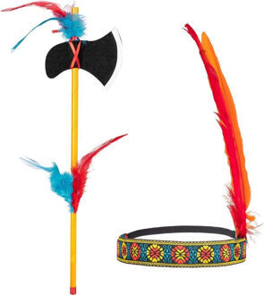 Boland Indiaan verkleed accessoire set - hoofdtooi en bijl 35 cm - Wilde westen verkleedkleding Indianen