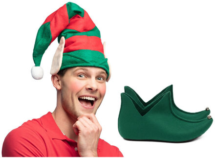 Boland Kerst Elfen verkleed set - puntmuts - met oren - volwassenen - met groene schoenen - one size