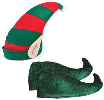 Boland Kerst Elfen verkleed set - puntmuts - met oren - volwassenen - met groene schoenen - one size