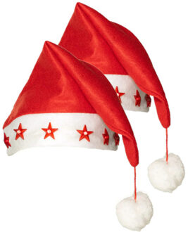 Boland Kerstmuts - 2x - rood - met lichtjes - volwassenen - verlichte kerstmuts - sterren