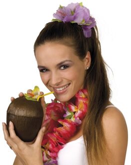 Boland Kokosnoot drinkbeker - hawaii thema - met rietje - 12 x 16 cm - 400 ml - Tropisch