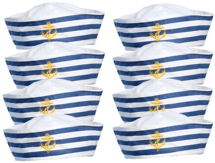Boland Matrozen hoedje - 8x - wit - polyester - carnaval outfit - matrozen/maritiem thema