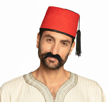 Boland Party Arabische Marokkaanse verkleed set - Fez hoedje rood - en nepsnor zwart