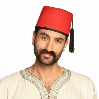 Boland Party Arabische Marokkaanse verkleed set - Fez hoedje rood - en nepsnor zwart