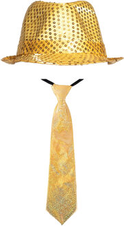 Boland party carnaval verkleed hoedje en stropdas - Goud glitters - Verkleedkleding - voor volwassen