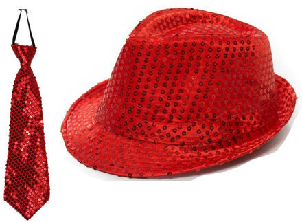 Boland Party carnaval verkleed setje - hoedje en stropdas - Rood glitters - Verkleedkleding
