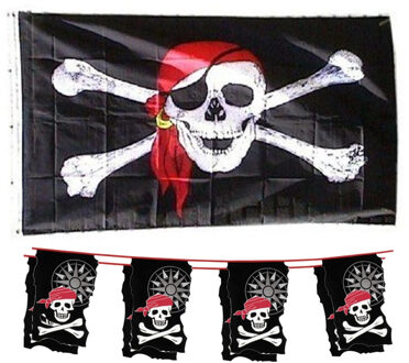 Boland Piraten feest/verjaardag versiering set 2x vlaggenlijnen en 1x piratenvlag 90 x 150 cm