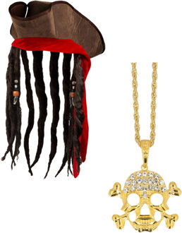 Boland Piraten set - hoed met vlecht - schedel ketting - goud - kunststof - carnaval