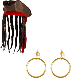 Boland Piraten set - hoed met vlechten - oorbellen met clip - goud - carnaval