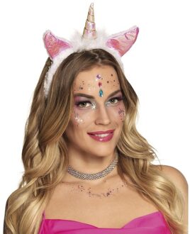 Boland Pluche eenhoorn diadeem met hoorn - roze/wit - polyester - dames/meisjes - carnaval Multi