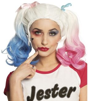 Boland pruik J. Ester dames synthetisch wit/blauw/roze