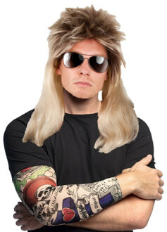 Boland Rocker/biker verkleed set heren - carnaval verkleed pruik blond haar - met 2 Tattoo sleeves
