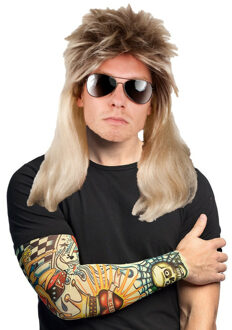 Boland Rocker/Biker verkleedset heren - wilde carnaval verkleed pruik - met 2 Tattoo sleeves
