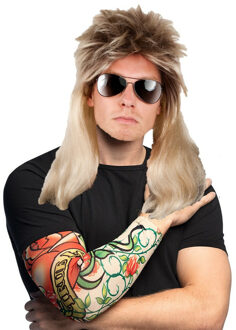 Boland Rocker/Biker verkleedset heren - wilde carnaval verkleed pruik - met 2 Tattoo sleeves