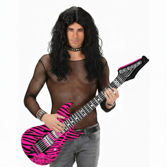 Boland Rockster set - opblaas gitaar - roze zebra print - pruik heren - carnaval