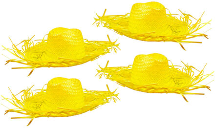 Boland Set van 4x stuks gele Tropische Hawaii thema strohoed met grote rand