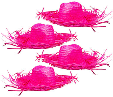Boland Set van 4x stuks roze Tropische Hawaii thema strohoed met grote rand